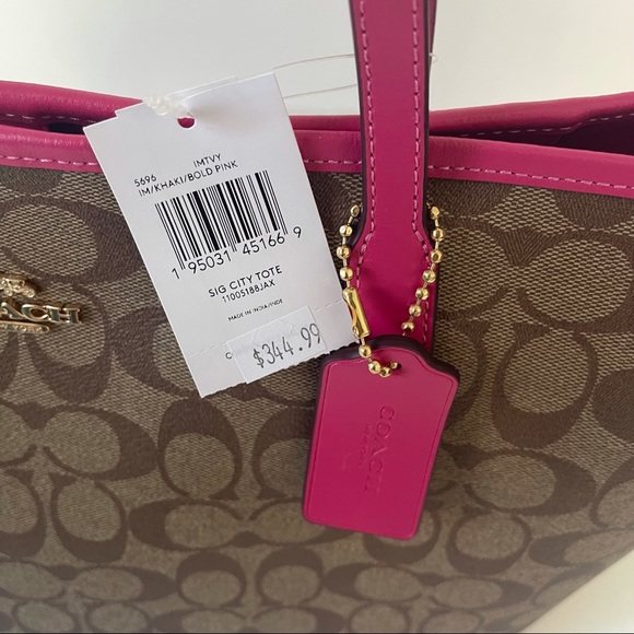 Coach City Tote In Signature Canvas Tan And Bold Pink New With Tag - Picture 5 of 11
